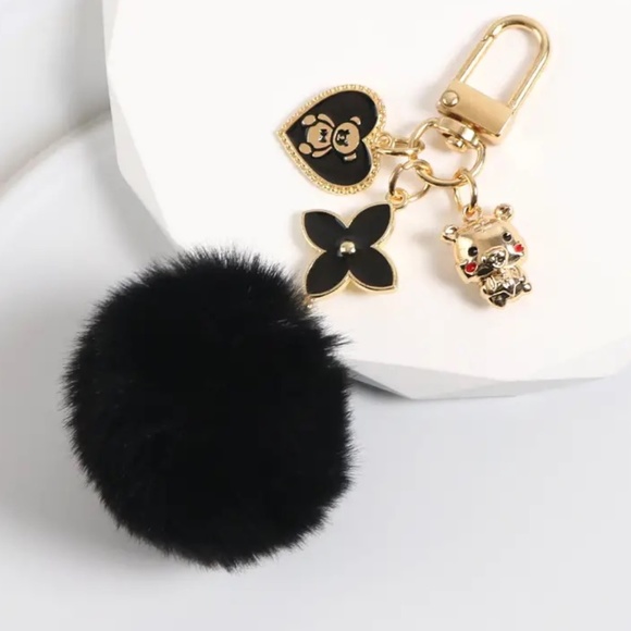 Bag Charm Black and Gold Pom-Pom Bear Flower Handcrafted Keychain Jewelry NEW - Picture 1 of 2